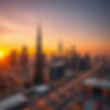 Panoramic view of Dubai's skyline at sunset