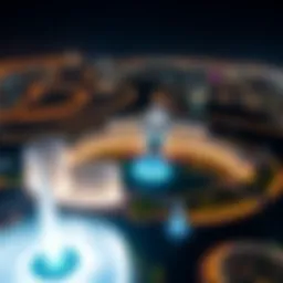 Aerial view of the Dubai Fountain illuminated at night